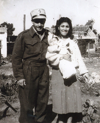 Mazal and Moshe Amos with baby Shimon. Possibly in Rehovot, 1950